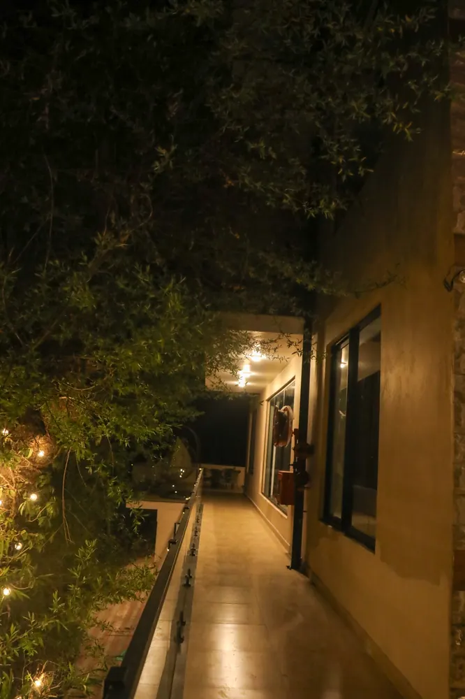 Narrow lit terrace walkway at night with a railing on one side and fairy lights in the foliage